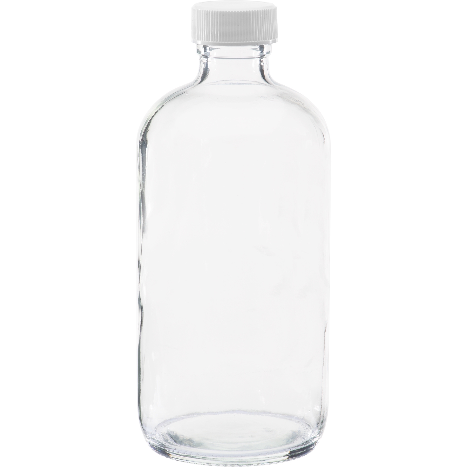 8 oz. Clear Boston Round Glass Bottle w/White Ribbed F217 Cap, 24mm 24-400