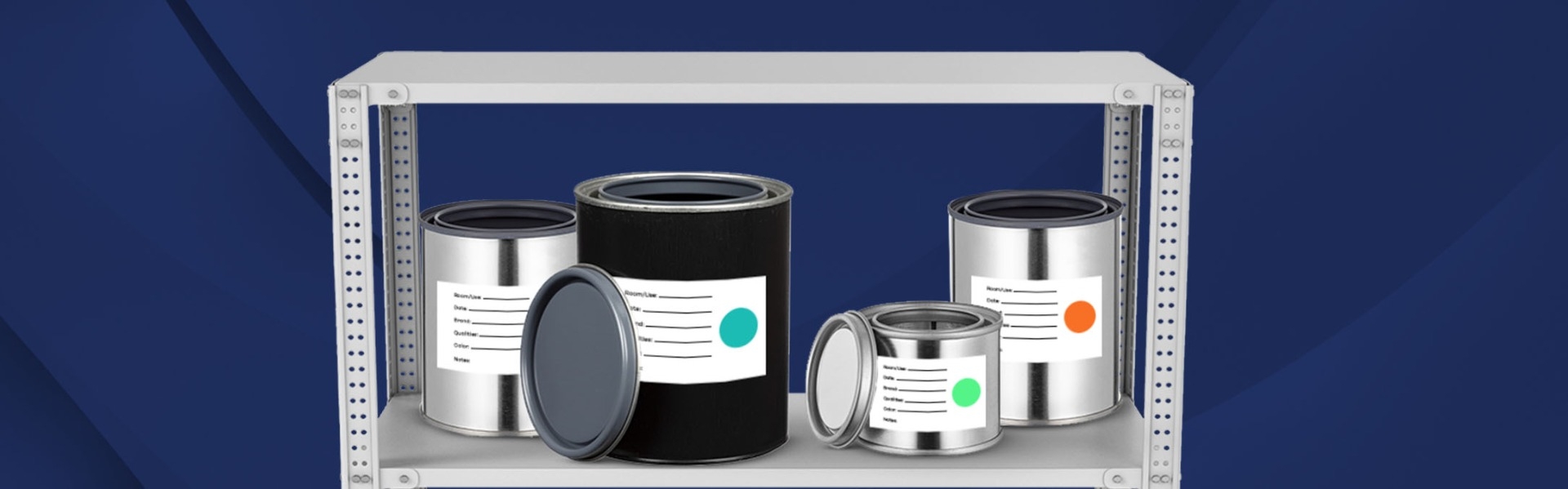 one hybrid black paint can and three metal paint cans with paint can labels on steel shelf against blue background
